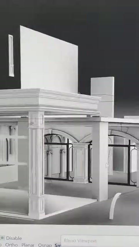 Kemerli cephe ve dekoratif sütunlar dijital model üzerinde biçimleniyor.