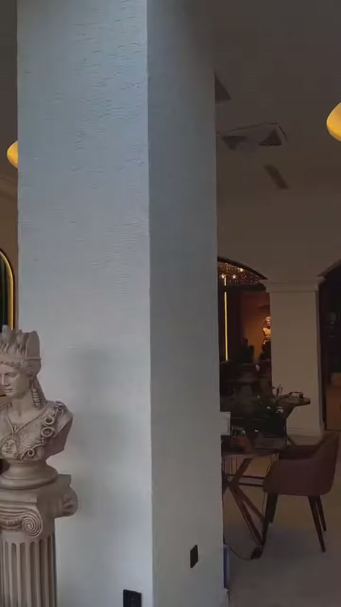 İç mekândaki geniş dekoratif sütun yemek alanını bölümlendiriyor.