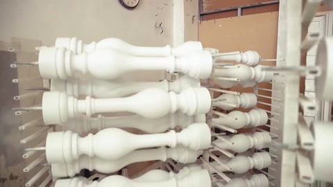 Raflarda düzenli biçimde istiflenmiş beyaz dekoratif tornalı parçalar