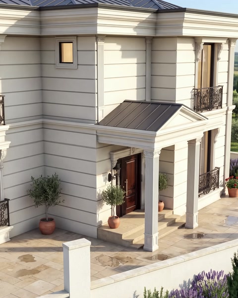 Villanın sütunlu ve korniş detaylı cephe tasarımı ekranda