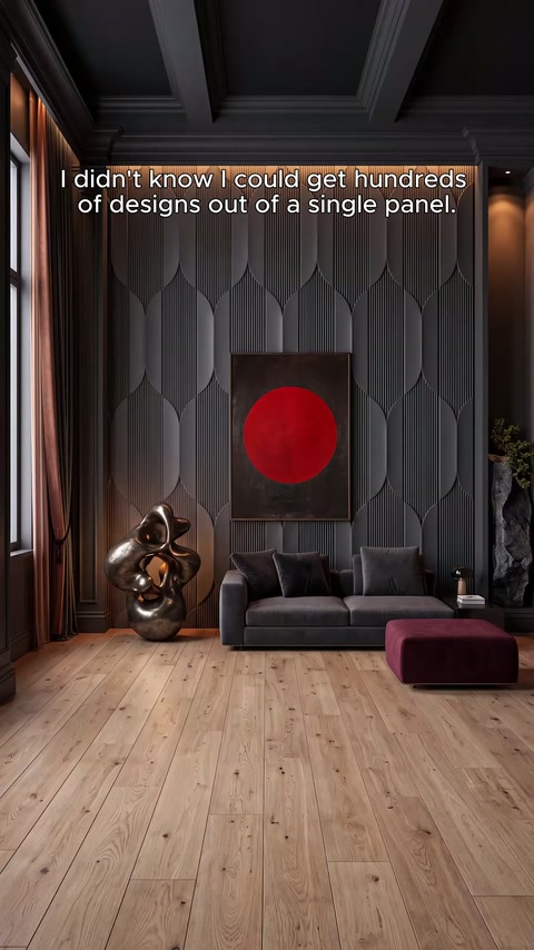 Koyu gri paneller, kırmızı tablonun arkasında simetrik biçimde uygulanmış.