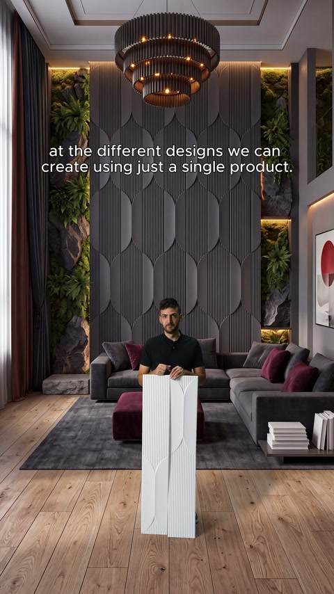 Sunucu, panel parçasını gri geometrik kaplamalı salonda önden gösteriyor.