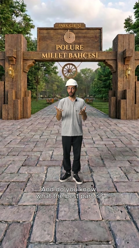 Sunucu, tamamlanmış dekoratif park kapısının önünde ürünleri anlatıyor.