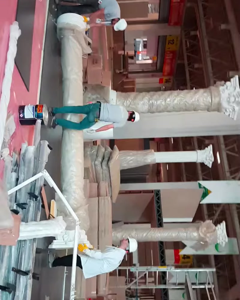 Fuar alanında büyük dekoratif sütunların boyama hazırlığı yapılıyor