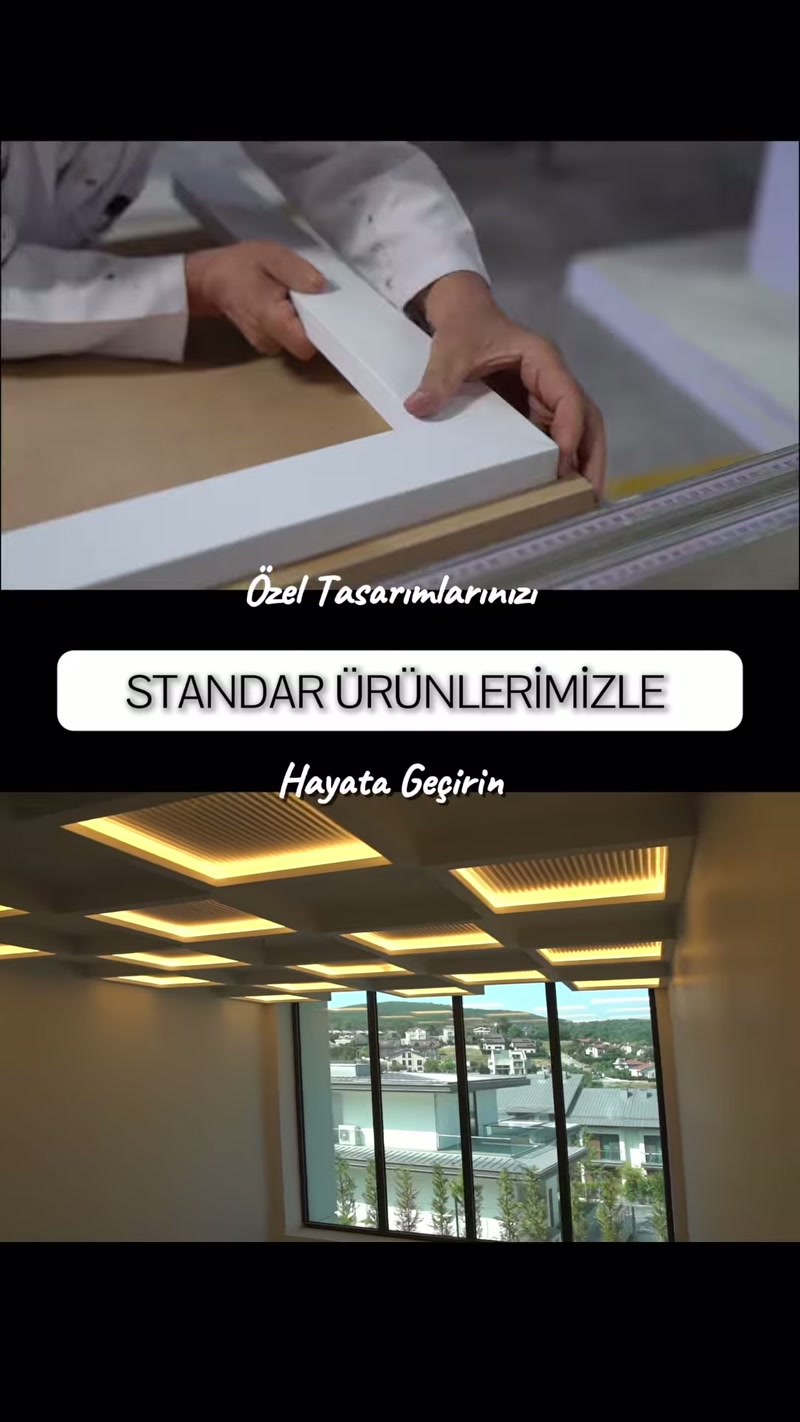 Usta beyaz profili ölçerken geometrik tavan aydınlatmaları gösteriliyor
