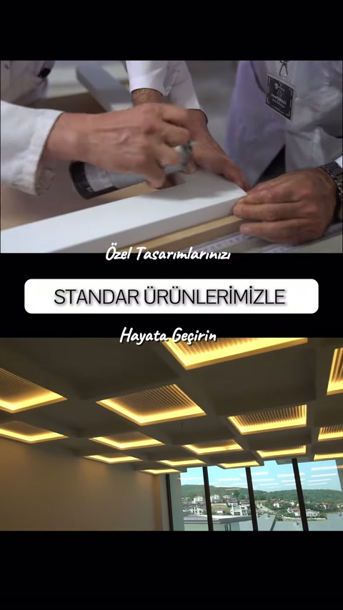Profil köşesi el aletiyle işlenirken sıcak aydınlatmalı tavan gösteriliyor