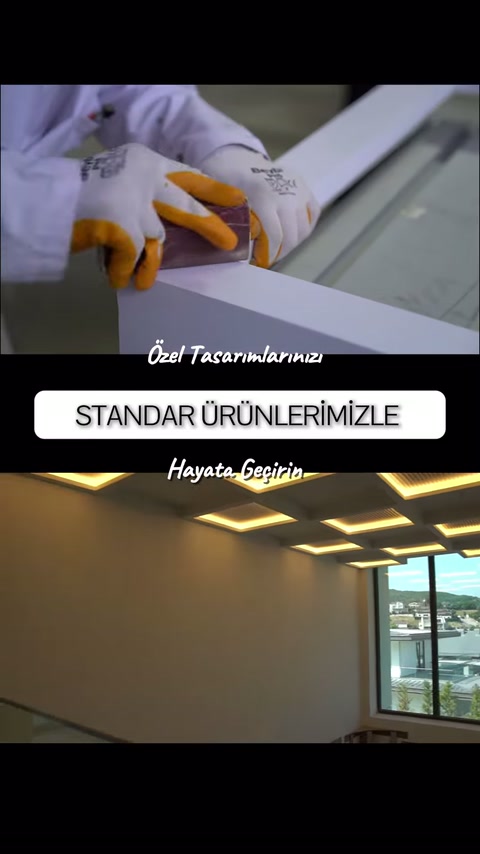 Beyaz profil köşesi sabitlenirken tavandaki ışıklı modüller görülüyor