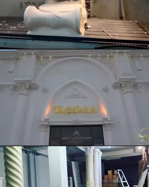 Tezgâhtaki sütun başlığı ile tamamlanmış beyaz cephe görülüyor