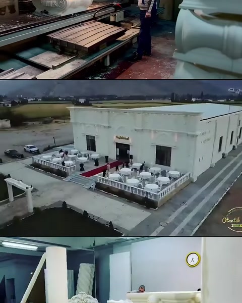 Tezgâh çalışması, bahçeli salon cephesi ve istiflenmiş profiller görülüyor
