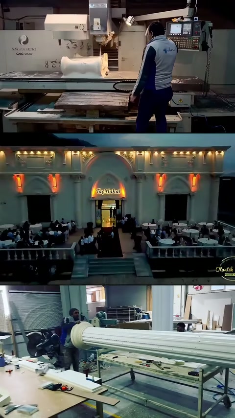Üretim tezgâhı, ışıklı salon girişi ve hazırlanmış sütun parçaları görülüyor.