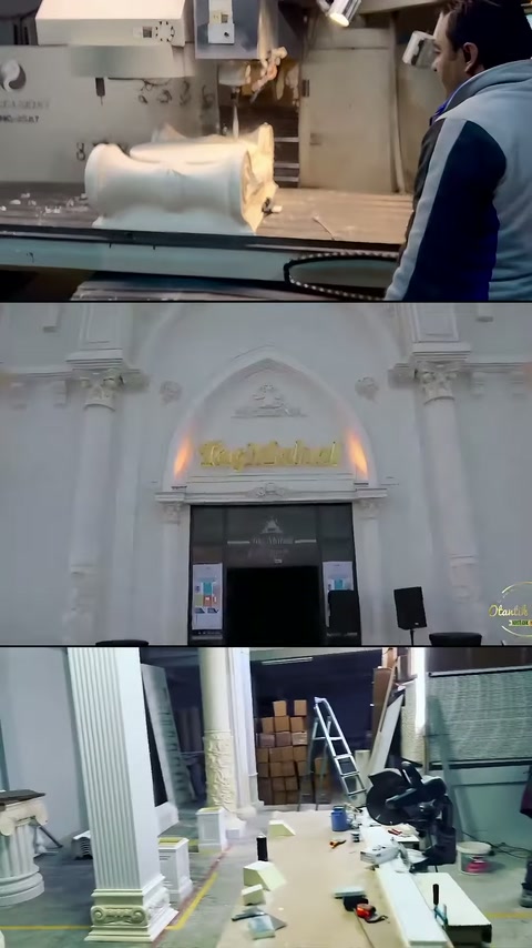 Tezgâhtaki dekor parçası, kemerli kapı çevresi ve sütunlar sergileniyor.