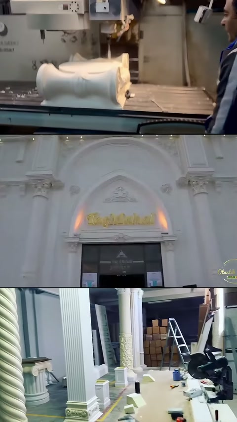 Sütun başlığı işlenirken cephe süslemeleri ve üretim bölümü görülüyor.