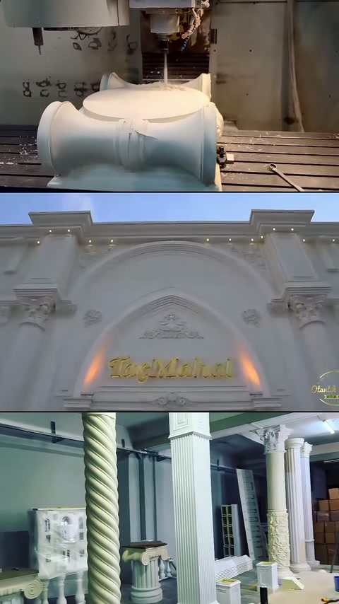 Dekoratif başlık üretimi, cephe kartonpiyerleri ve burmalı sütunlar görülüyor.