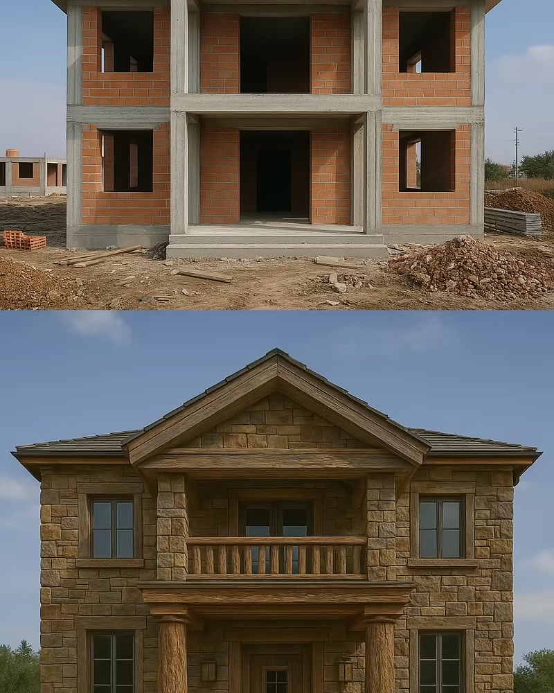 Yapım aşamasındaki villa ve taş kaplamalı klasik cephe tasarımı