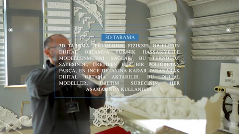 Duvar panelleri ve şömine kuşaklı vitrin alanı genel görünümde