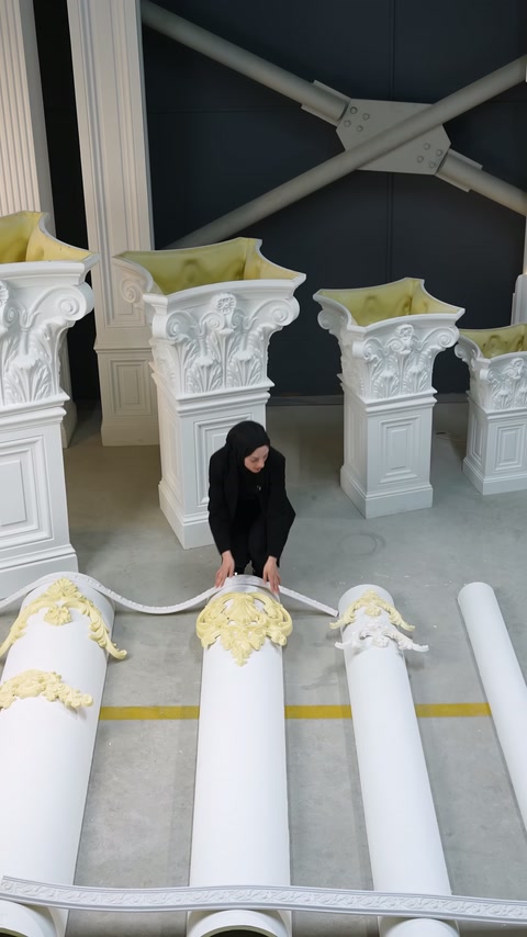Atölyede bezemeli yarım sütunlar ve farklı süsleme uygulamaları görülüyor.