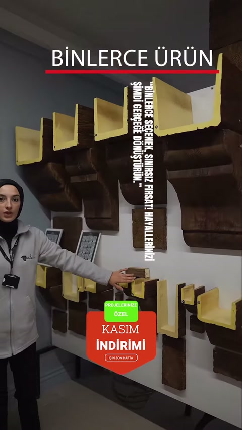 Ahşap görünümlü kirişlerin kesit profilleri showroom duvarında tanıtılıyor