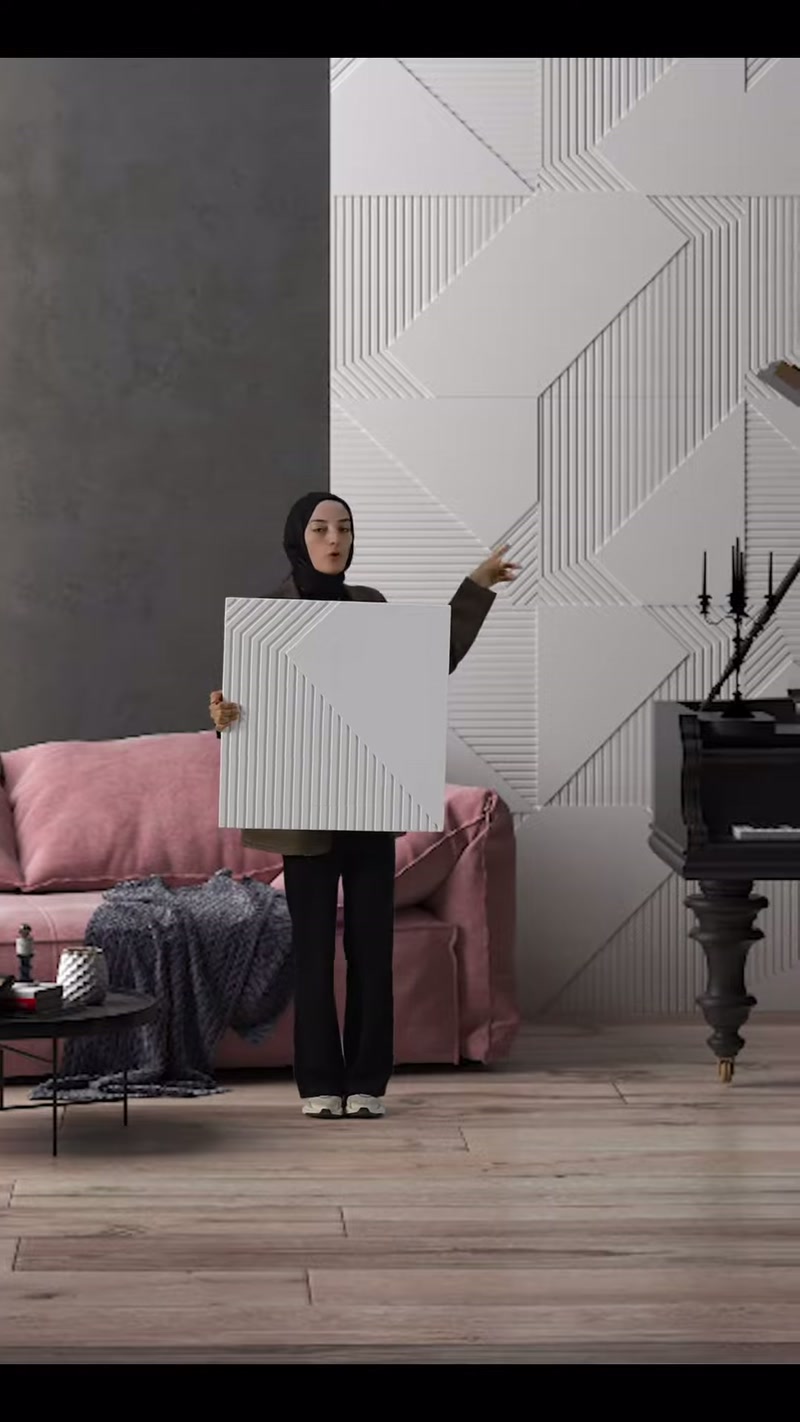 Sunucu, çizgili kare paneli salon ortamında dik biçimde tutuyor
