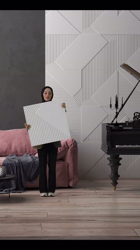 Oluklu yüzeyli panel, geometrik duvar düzenlemesi önünde dik tutuluyor