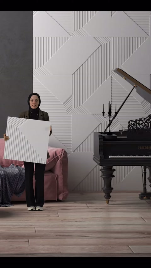 Sunucu, kare panelin kabartmalı köşe desenini izleyiciye doğru çeviriyor