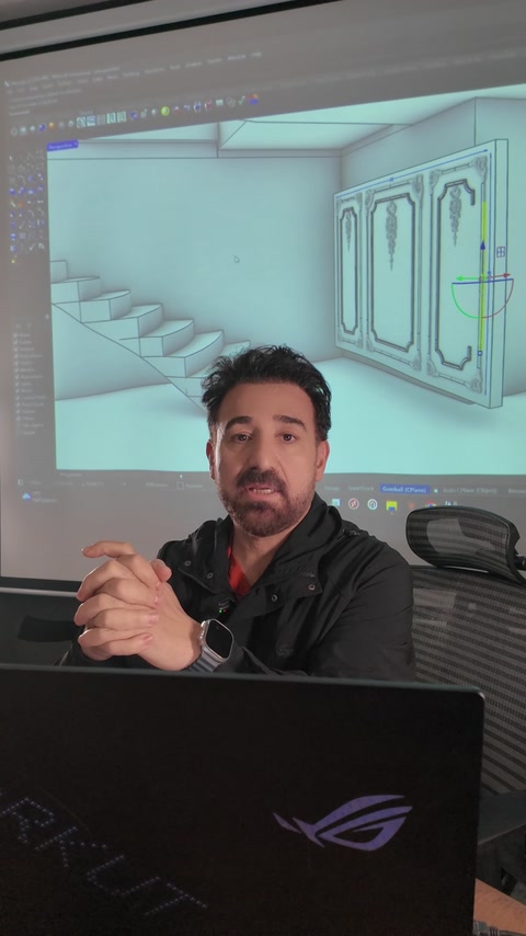 Modellenmiş merdiven ve dekoratif duvar panoları ekrana yansıtılıyor