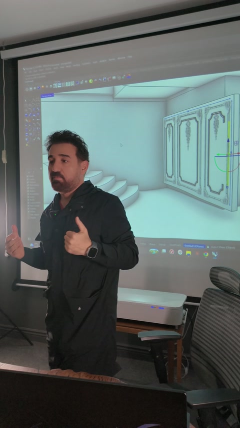İç mekân modelinde merdiven ve çerçeveli duvar panoları birlikte gösteriliyor.