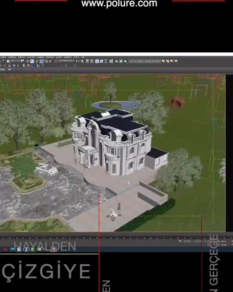 Özel villa cephesinin peyzajla birlikte hazırlanan üç boyutlu proje modeli