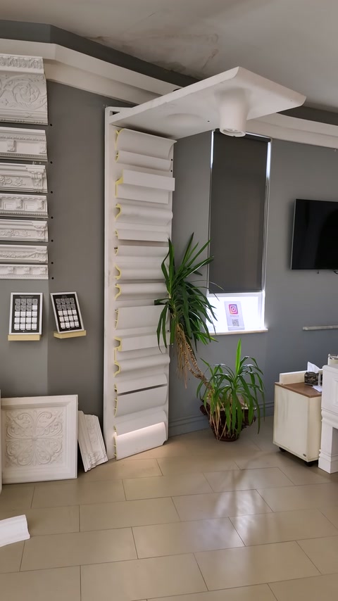 Yüksek profil numuneleri bitkilerle düzenlenen showroom köşesinde sergileniyor.