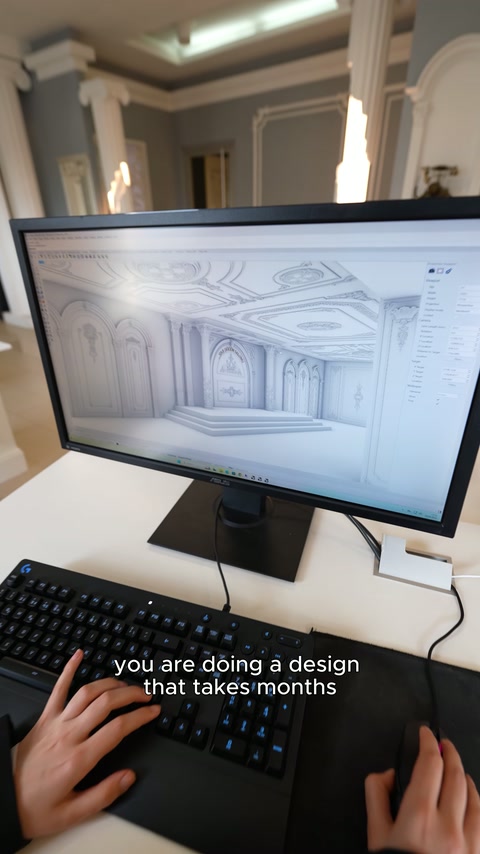 Dekoratif duvar ve tavan tasarımı bilgisayar ekranında modelleniyor.