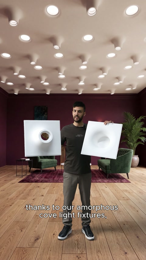İki farklı amorf aydınlatma paneli döşenmiş salon ortamında tanıtılıyor