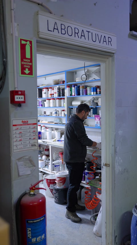 Özel laboratuvarın rafları, çalışma tezgâhı ve ekipmanları görülüyor