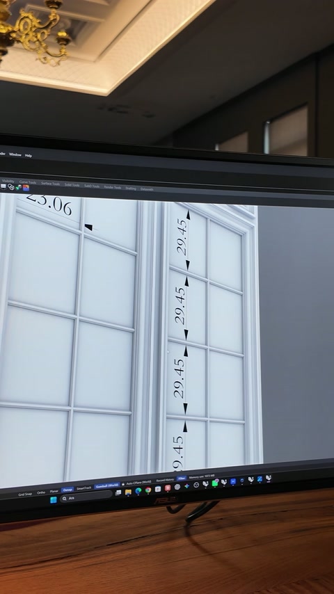 Rhino modelinde pencere karolajı ve çerçeve ölçüleri inceleniyor.