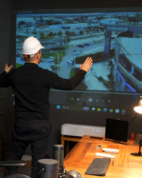Ekranda proje haritası önünde baretli sunum yapıyor