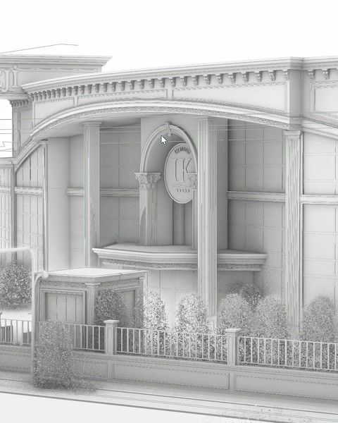 Kemer ve sütun detaylı bina cephesi render görüntüsü sunuluyor
