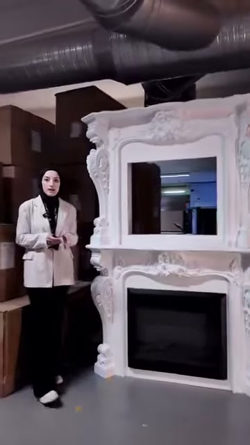 Depodaki dekoratif şöminenin geniş üst açıklığı ve haznesi görülüyor