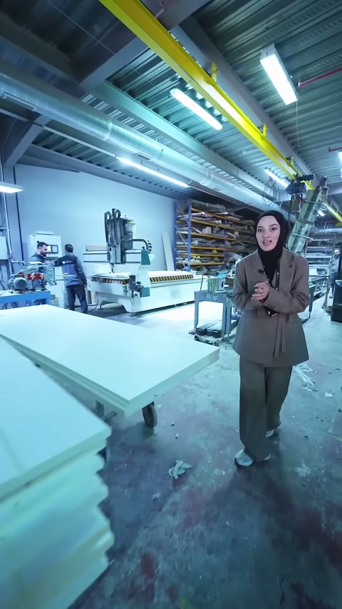 Sunucu beyaz dekoratif panellerin bulunduğu tezgâhın önünde konuşuyor