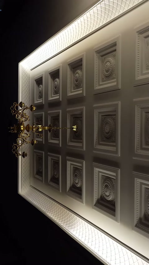 Simetrik yerleştirilen tavan panelleri farklı kabartma desenleriyle sergileniyor.