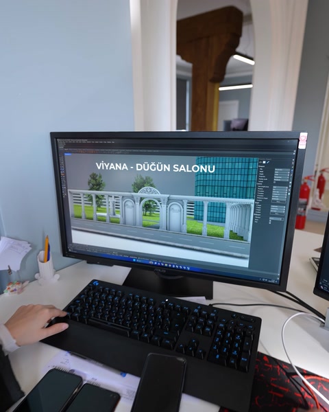 Viyana düğün salonu iç mekan tasarımı çift ekranda çalışılıyor