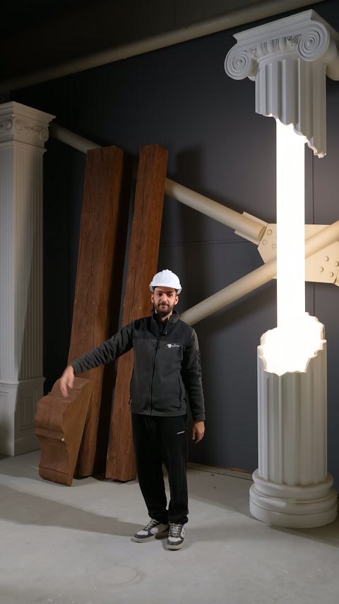 Ahşap efektli kiriş çeşitleri sunucunun arkasında dikey biçimde sıralanıyor.