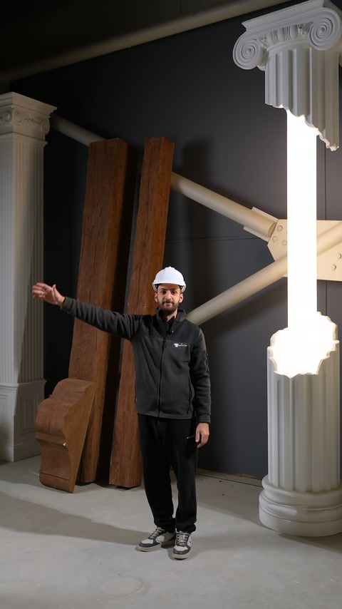 Sunucu farklı genişliklerdeki dekoratif kiriş modellerini eliyle karşılaştırıyor.