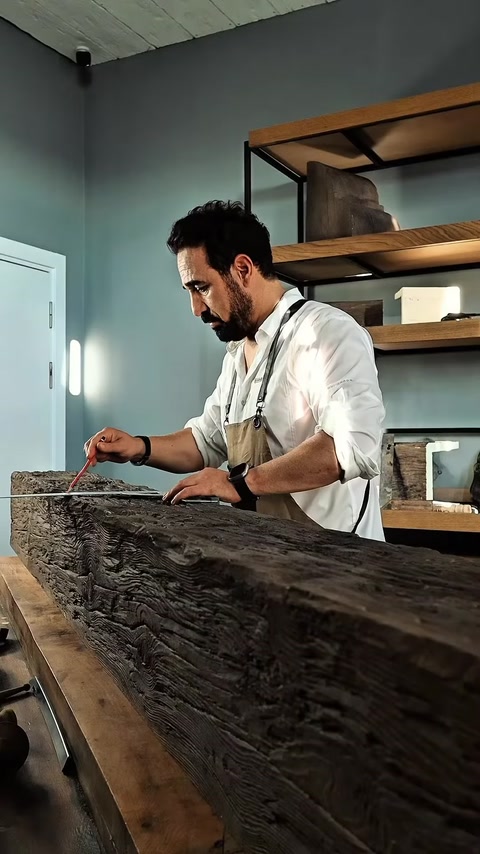 Usta, ahşap dokulu kiriş üzerinde ölçüm ve işaretleme yapıyor.