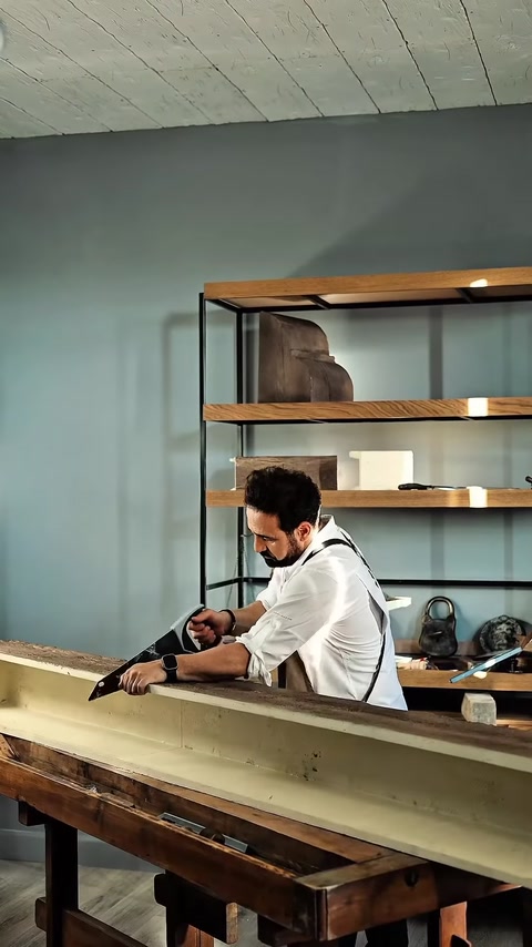 Usta, açık renkli iç yüzeyi bulunan kiriş profilini kesiyor.