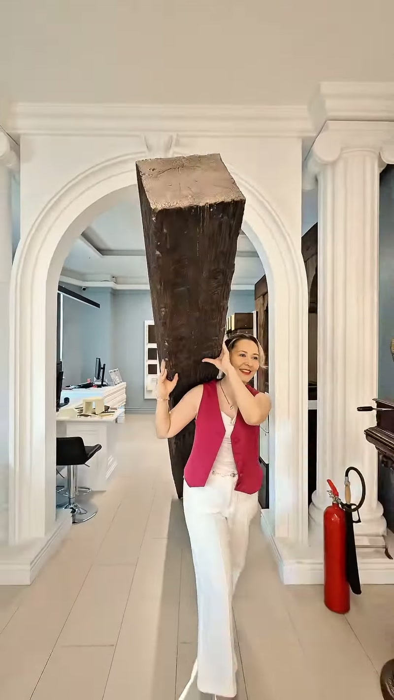 Beyaz kemerli sütunlu showroom koridorunda dekoratif kiriş elden taşınıyor.