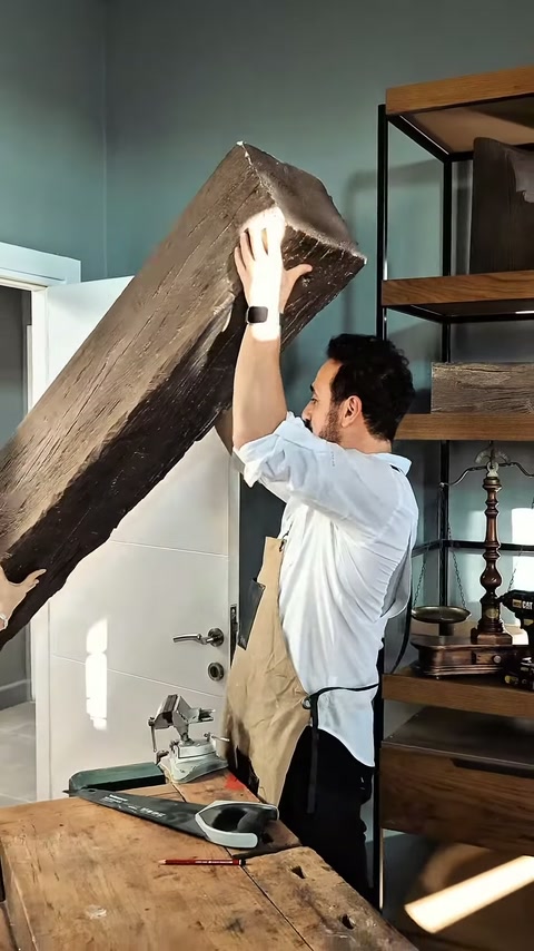 Usta, uzun dekoratif kiriş parçasını atölye kapısından içeri taşıyor.