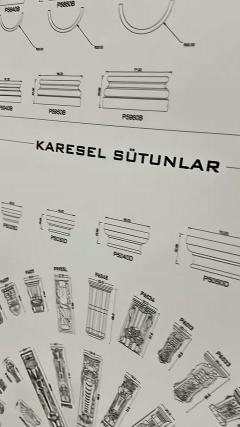 Karesel sütun tabanları ile dekoratif payanda çeşitleri birlikte listeleniyor