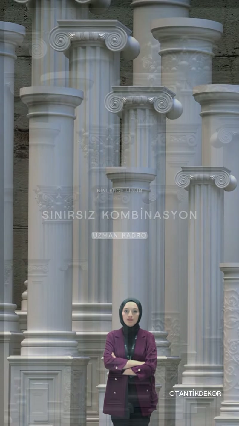 Dekoratif sütun modelleri önünde duran sunucu ve farklı başlık tasarımları görülüyor.