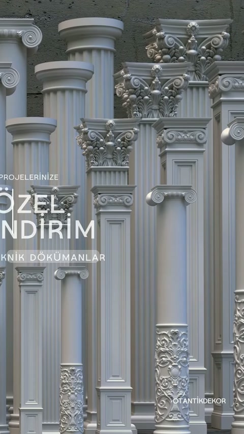 Klasik başlıklı sütun çeşitleri, süslü gövde panelleriyle birlikte gösteriliyor.