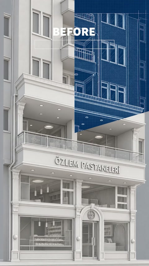 Balkonlu ticari cephede söve, silme ve pilaster tasarımı