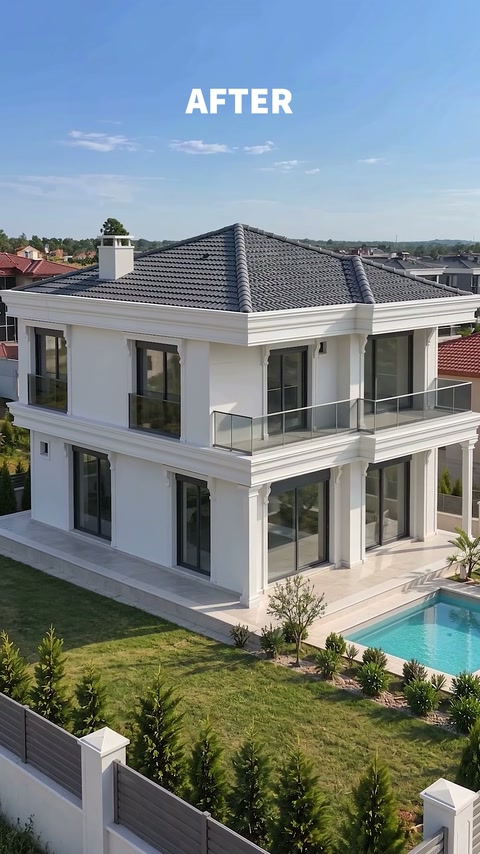 Söve, sütun ve saçak profilleriyle tamamlanan havuzlu villa